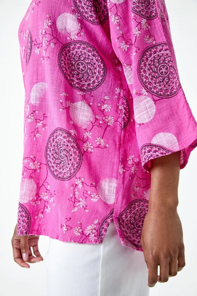Pink Floral Embroidered Cotton Top With Necklace Women Roman Tops