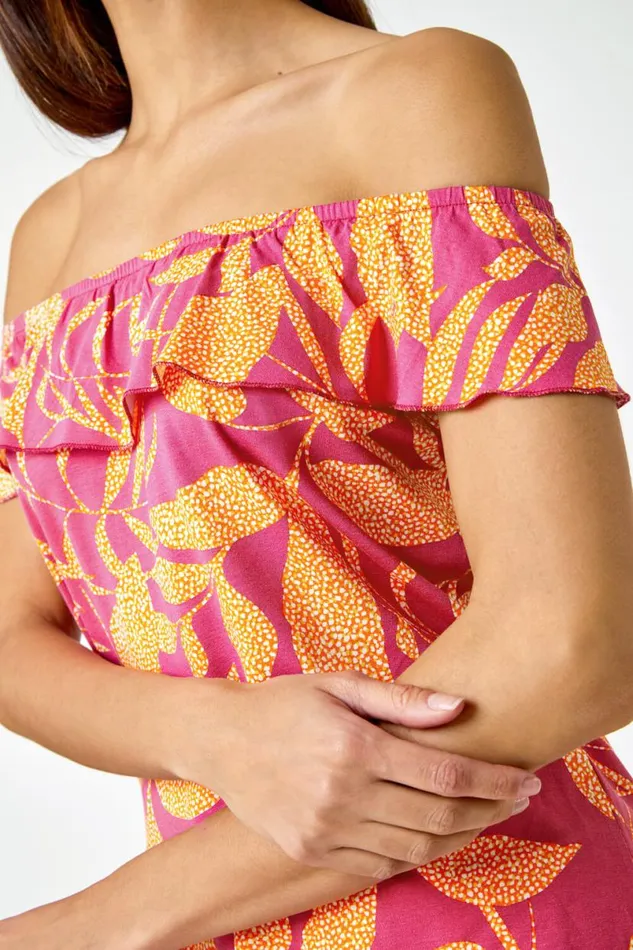 Pink Floral Frill Bardot Stretch Top Women Roman Tops