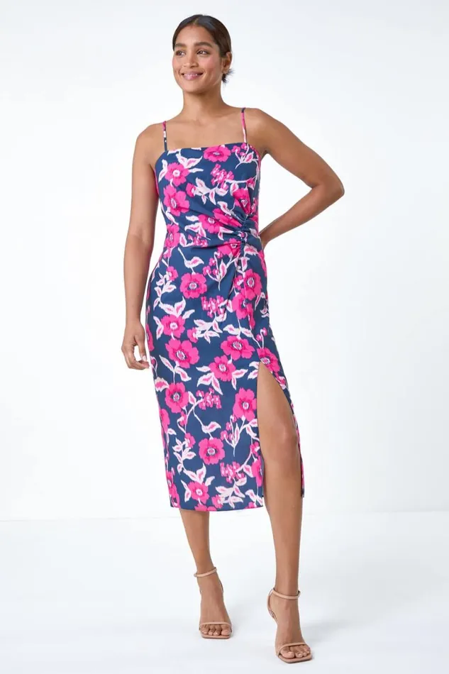 Pink Floral Linen Look Ruched Midi Dress Women Roman Dresses