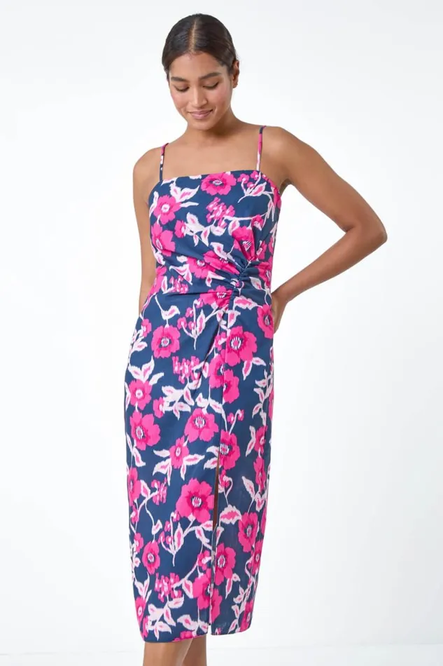 Pink Floral Linen Look Ruched Midi Dress Women Roman Dresses