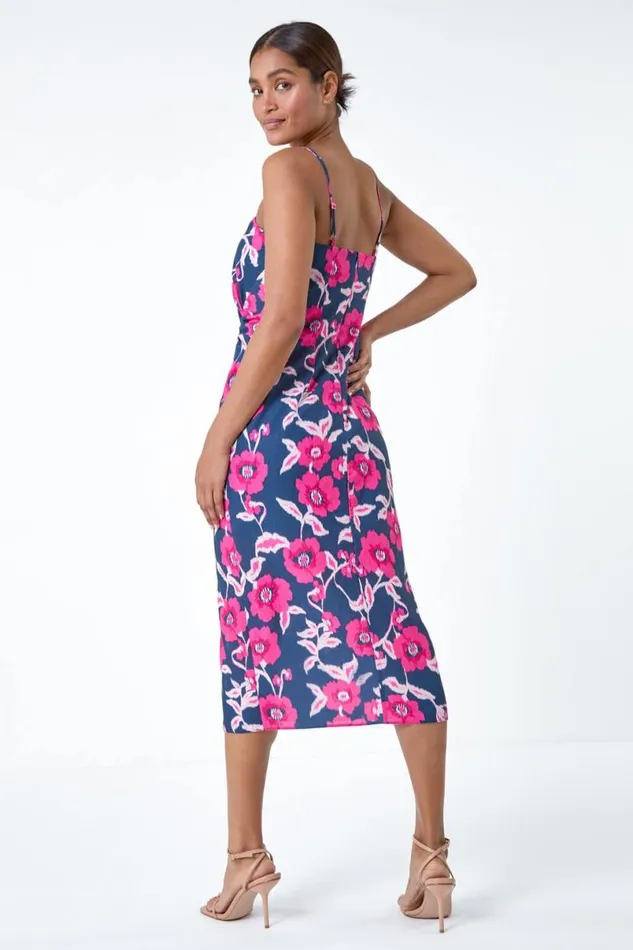 Pink Floral Linen Look Ruched Midi Dress Women Roman Dresses