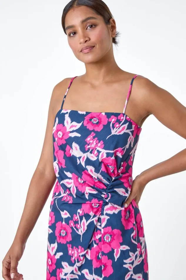 Pink Floral Linen Look Ruched Midi Dress Women Roman Dresses