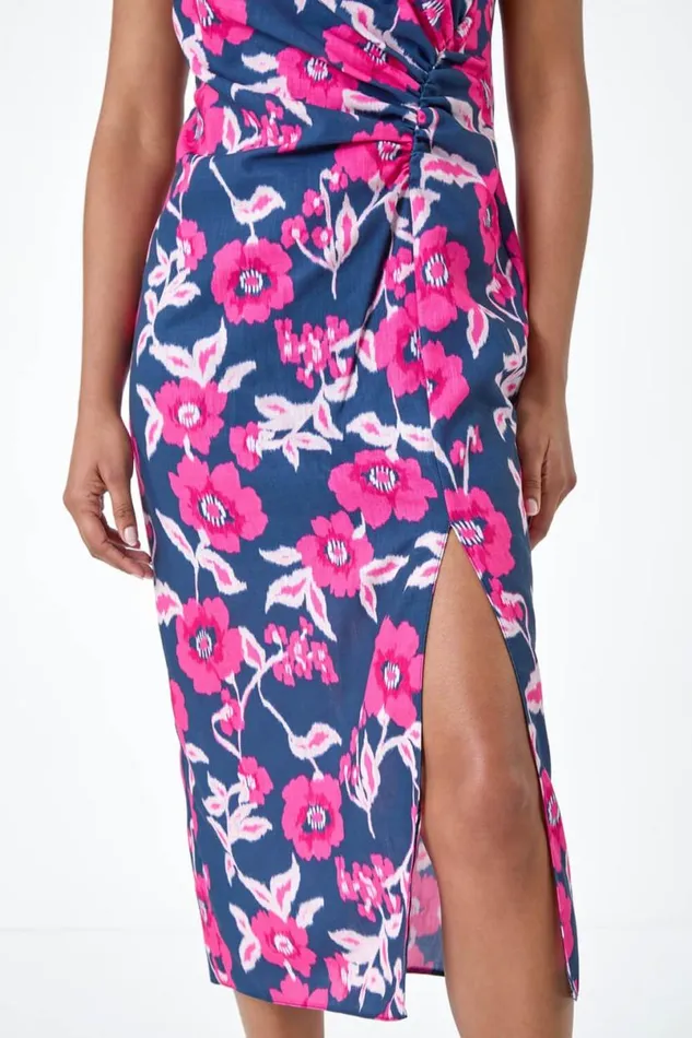 Pink Floral Linen Look Ruched Midi Dress Women Roman Dresses