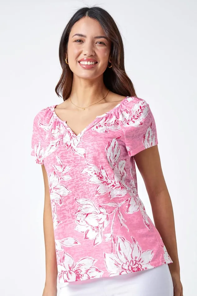 Pink Floral Print Burnout VNeck Top Women Roman Tops