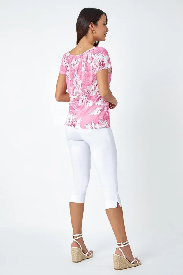 Pink Floral Print Burnout VNeck Top Women Roman Tops
