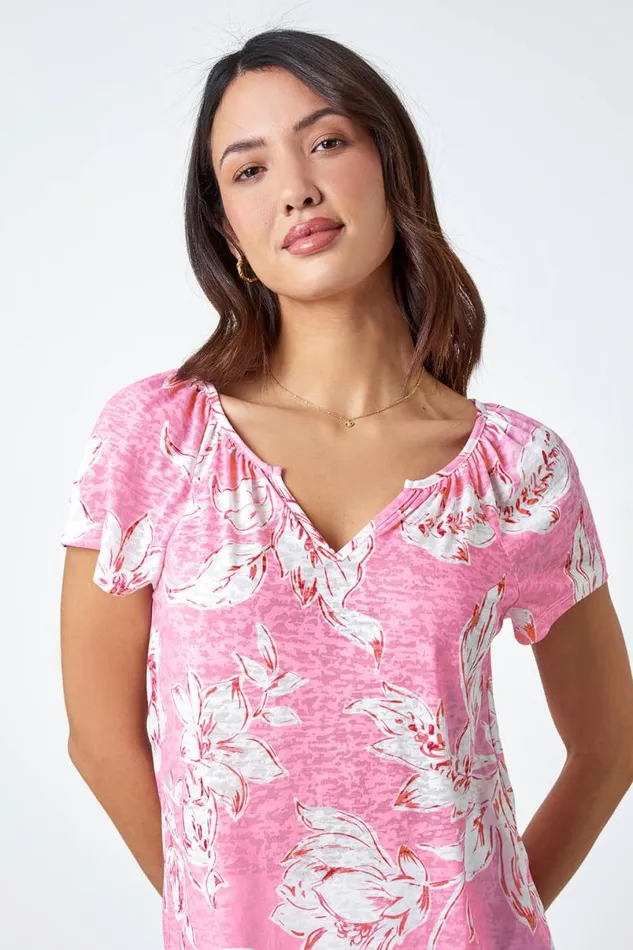 Pink Floral Print Burnout VNeck Top Women Roman Tops