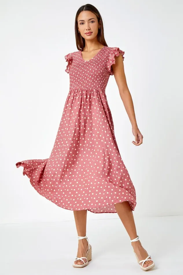 Pink Frill Sleeve Spot Shirred Midi Dress Women Roman Dresses