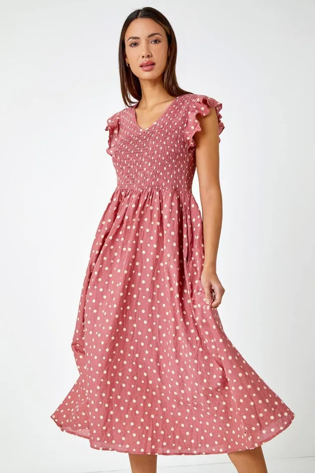 Pink Frill Sleeve Spot Shirred Midi Dress Women Roman Dresses