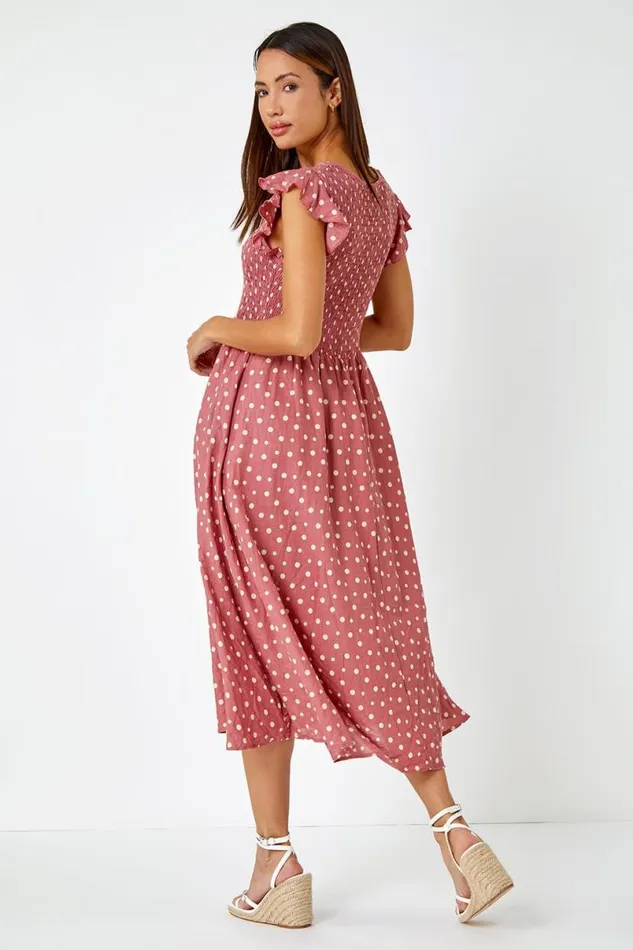 Pink Frill Sleeve Spot Shirred Midi Dress Women Roman Dresses