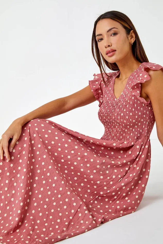 Pink Frill Sleeve Spot Shirred Midi Dress Women Roman Dresses