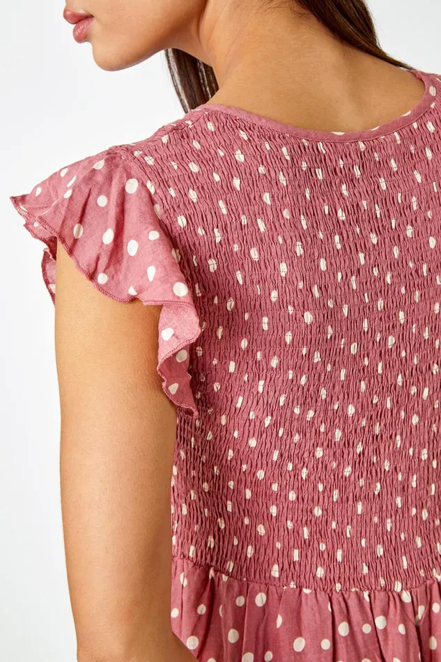 Pink Frill Sleeve Spot Shirred Midi Dress Women Roman Dresses