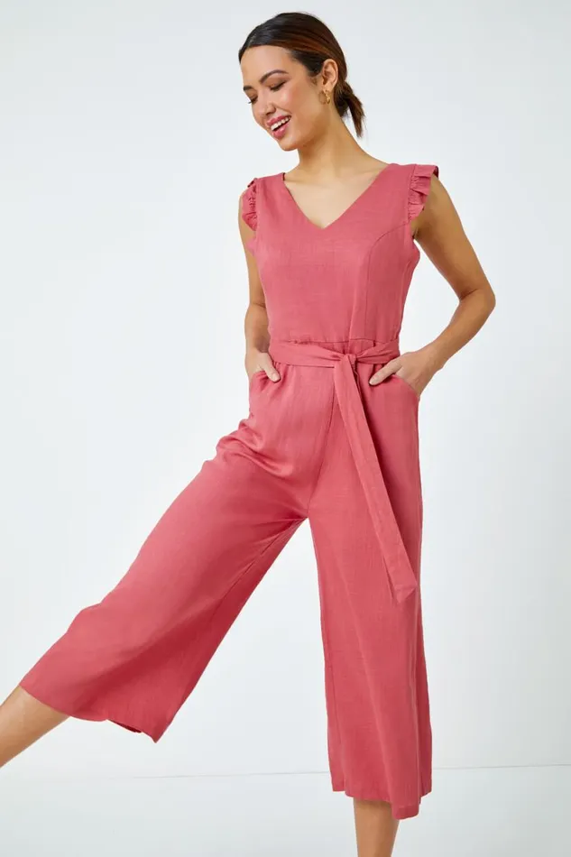 Pink Linen Blend Cropped Frill Jumpsuit Women Roman Dresses
