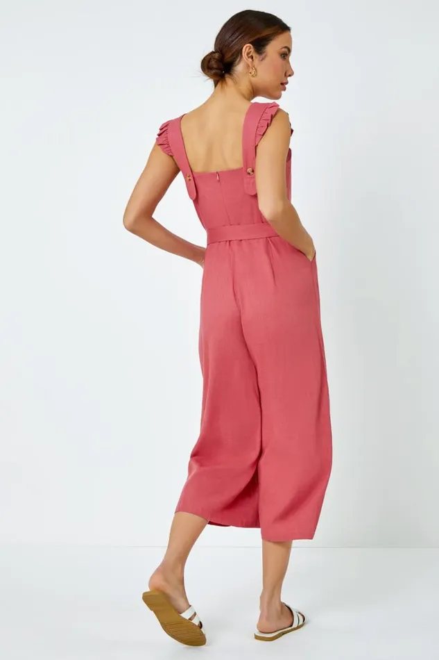 Pink Linen Blend Cropped Frill Jumpsuit Women Roman Dresses