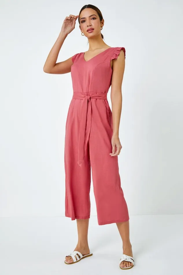 Pink Linen Blend Cropped Frill Jumpsuit Women Roman Dresses