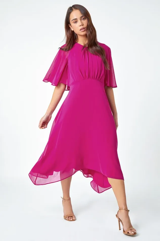 Pink Petite Chiffon Cape Midi Dress Women Roman Dresses