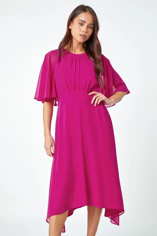 Pink Petite Chiffon Cape Midi Dress Women Roman Dresses