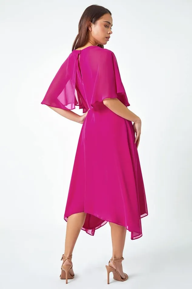 Pink Petite Chiffon Cape Midi Dress Women Roman Dresses