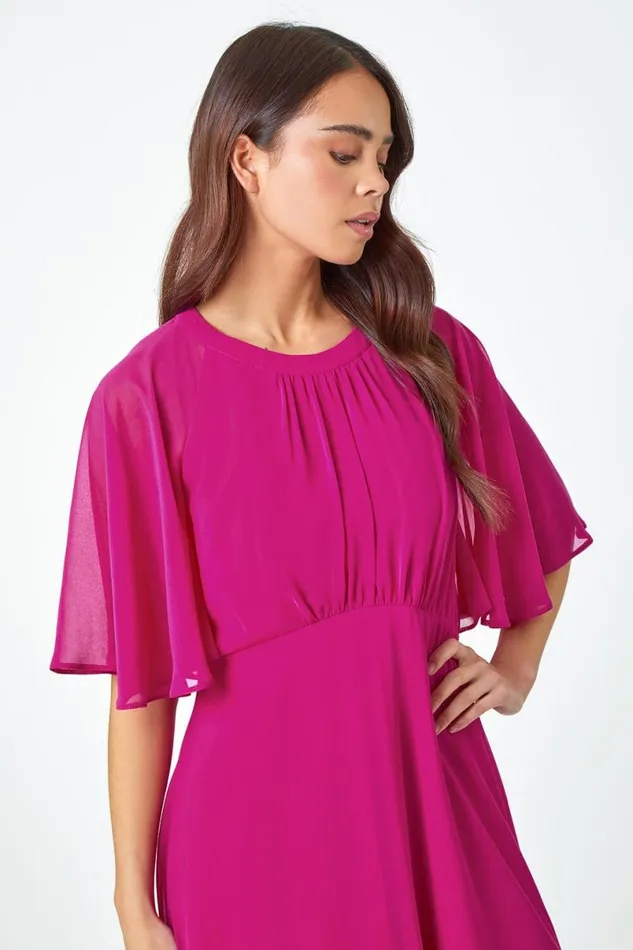 Pink Petite Chiffon Cape Midi Dress Women Roman Dresses