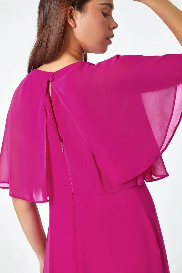 Pink Petite Chiffon Cape Midi Dress Women Roman Dresses