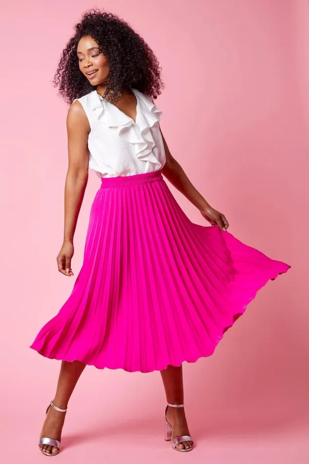 Pink Petite Elastic Waist A Line Pleated Midi Skirt Women Roman Occasionwear
