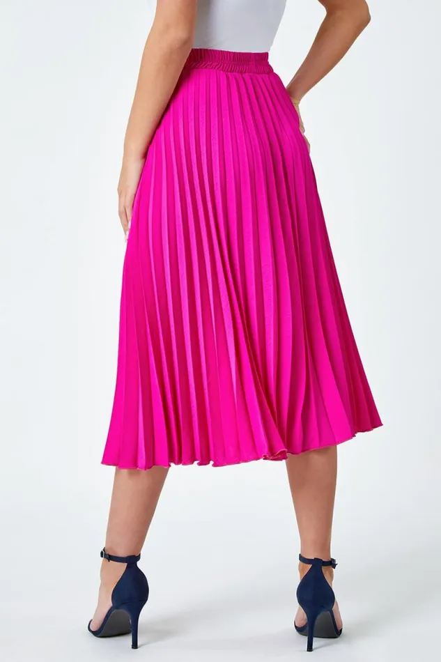Pink Petite Elastic Waist A Line Pleated Midi Skirt Women Roman Occasionwear