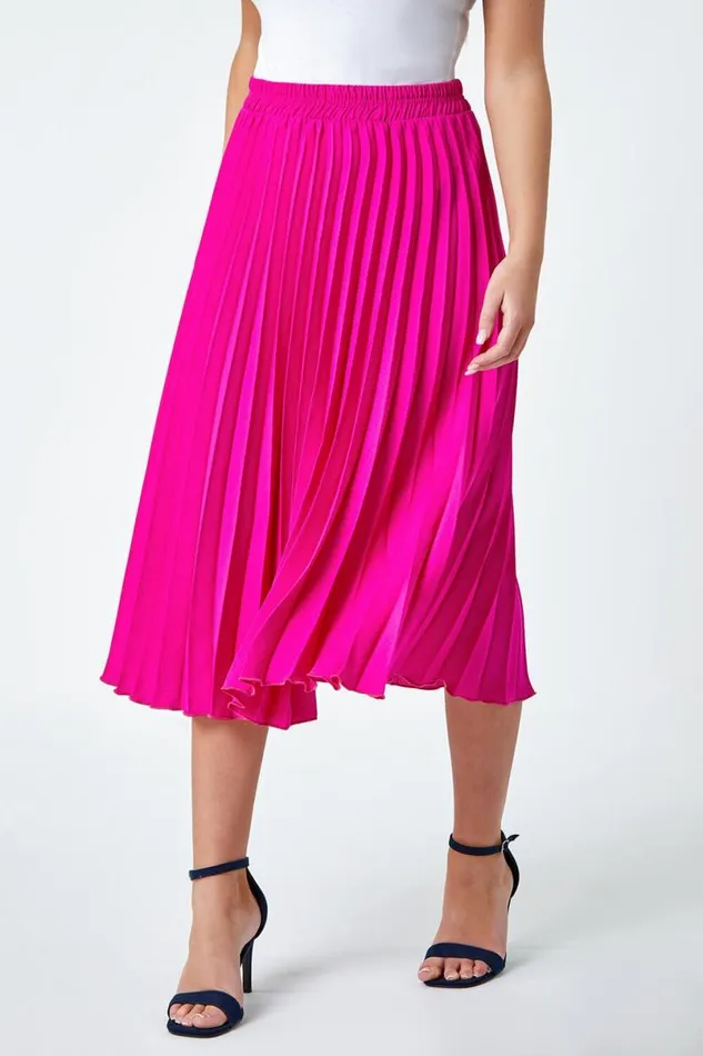 Pink Petite Elastic Waist A Line Pleated Midi Skirt Women Roman Occasionwear