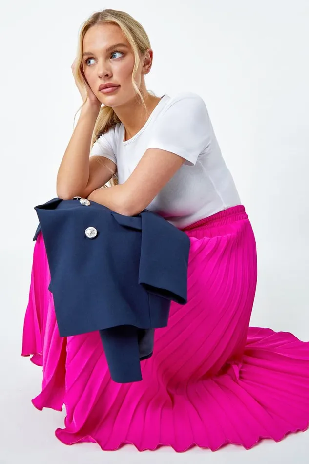Pink Petite Elastic Waist A Line Pleated Midi Skirt Women Roman Occasionwear