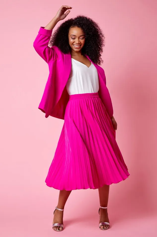Pink Petite Elastic Waist A Line Pleated Midi Skirt Women Roman Occasionwear