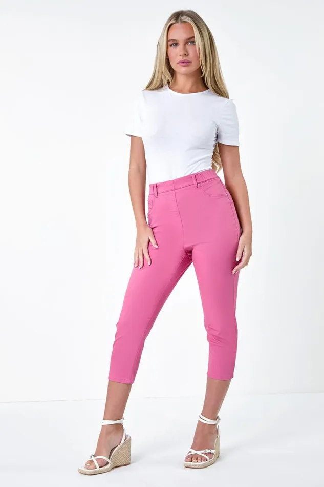 Pink Petite Elastic Waist Cropped Denim Jegging Women Roman Trousers