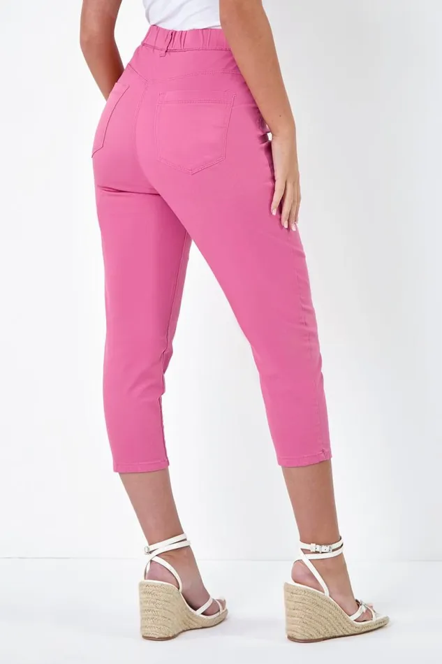 Pink Petite Elastic Waist Cropped Denim Jegging Women Roman Trousers