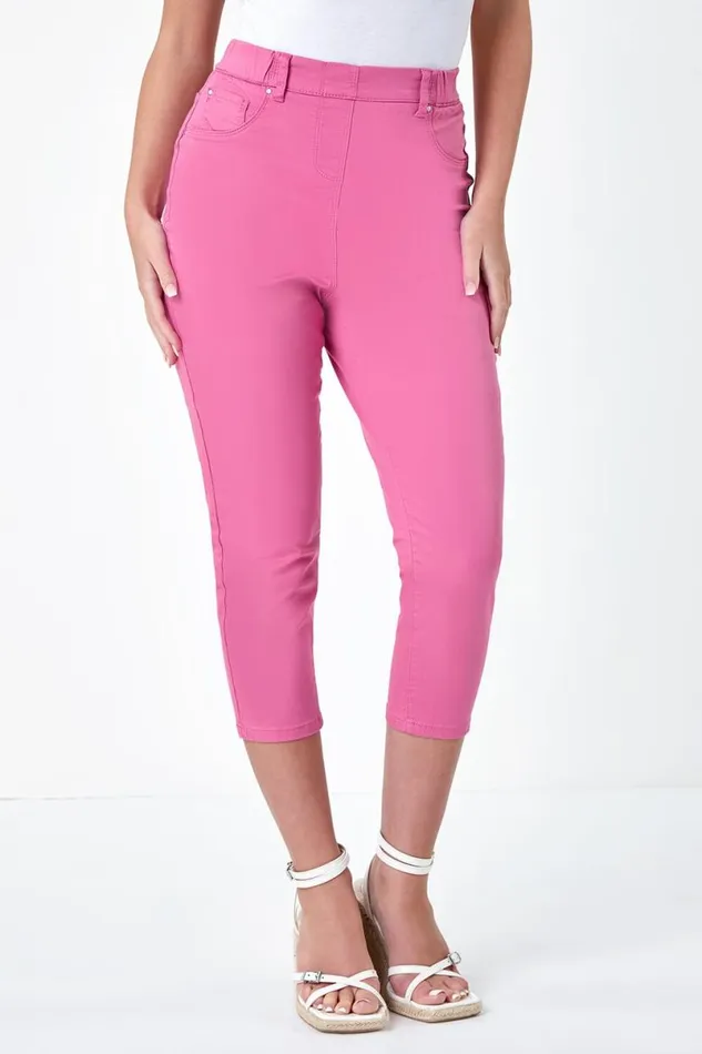 Pink Petite Elastic Waist Cropped Denim Jegging Women Roman Trousers