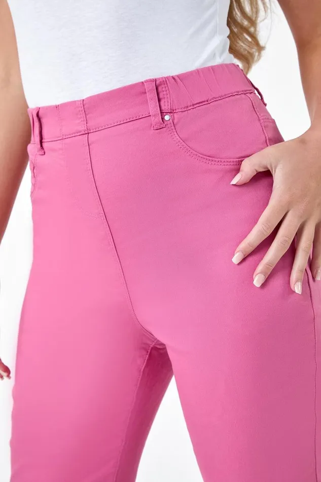 Pink Petite Elastic Waist Cropped Denim Jegging Women Roman Trousers