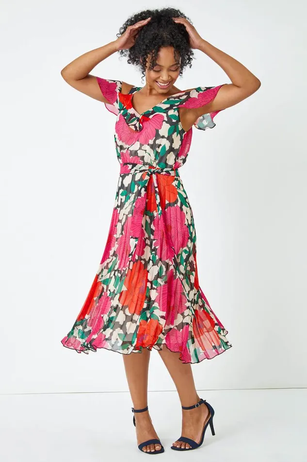 Pink Petite Floral Cold Shoulder Chiffon Midi Dress Women Roman Dresses