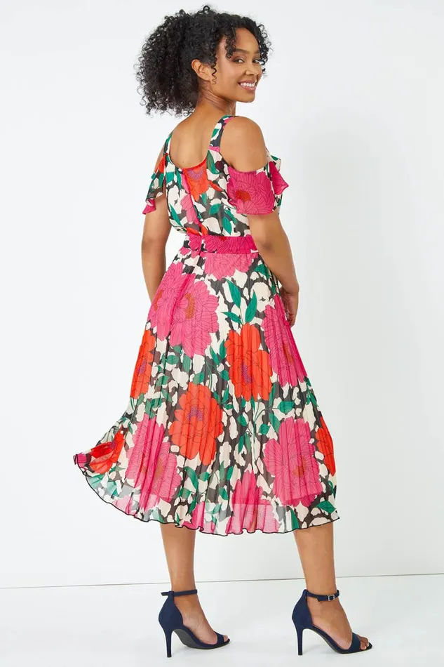 Pink Petite Floral Cold Shoulder Chiffon Midi Dress Women Roman Dresses