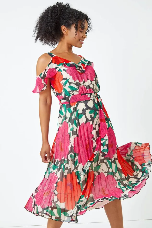 Pink Petite Floral Cold Shoulder Chiffon Midi Dress Women Roman Dresses