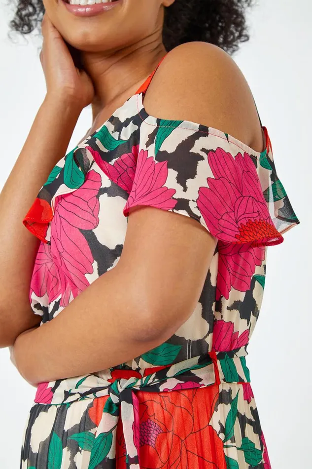 Pink Petite Floral Cold Shoulder Chiffon Midi Dress Women Roman Dresses