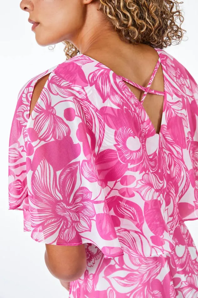Pink Petite Floral Print Chiffon Cape Midi Dress Women Roman Dresses