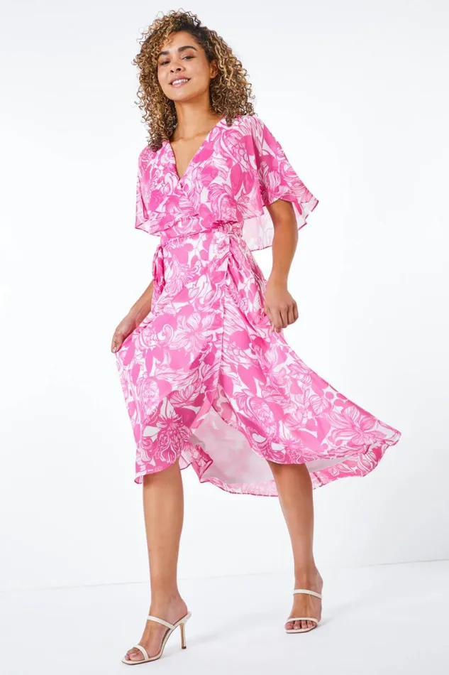Pink Petite Floral Print Chiffon Cape Midi Dress Women Roman Dresses