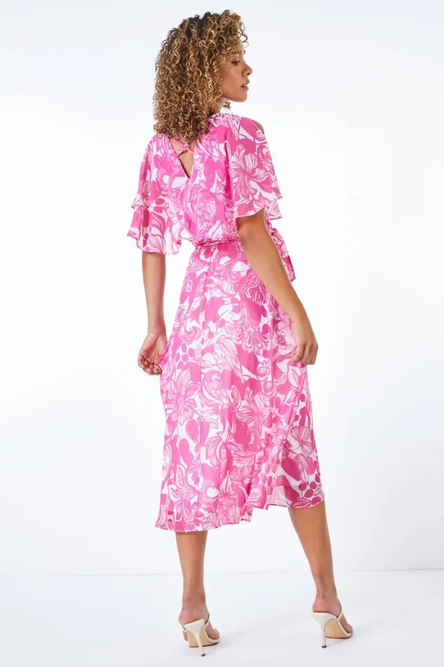 Pink Petite Floral Print Chiffon Cape Midi Dress Women Roman Dresses