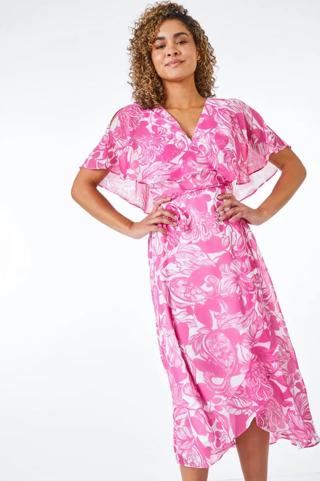 Pink Petite Floral Print Chiffon Cape Midi Dress Women Roman Dresses