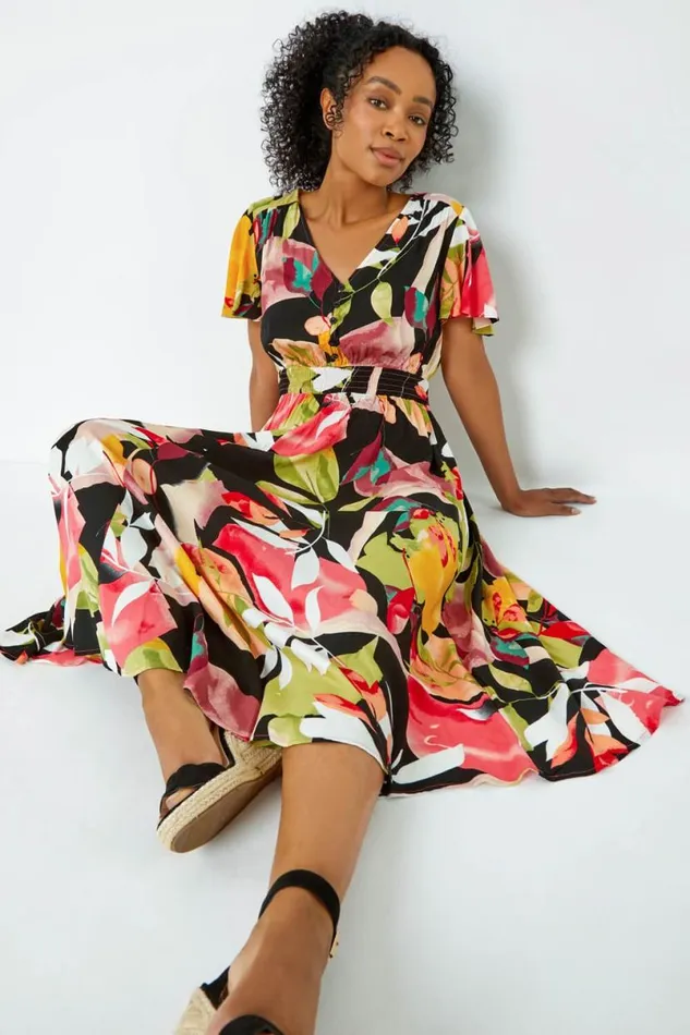 Pink Petite Tropical Button Midi Dress Women Roman Dresses