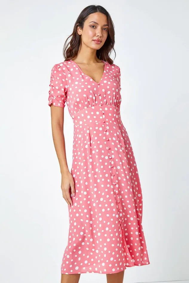 Pink Polka Dot Ruched Sleeve Midi Dress Women Roman Dresses