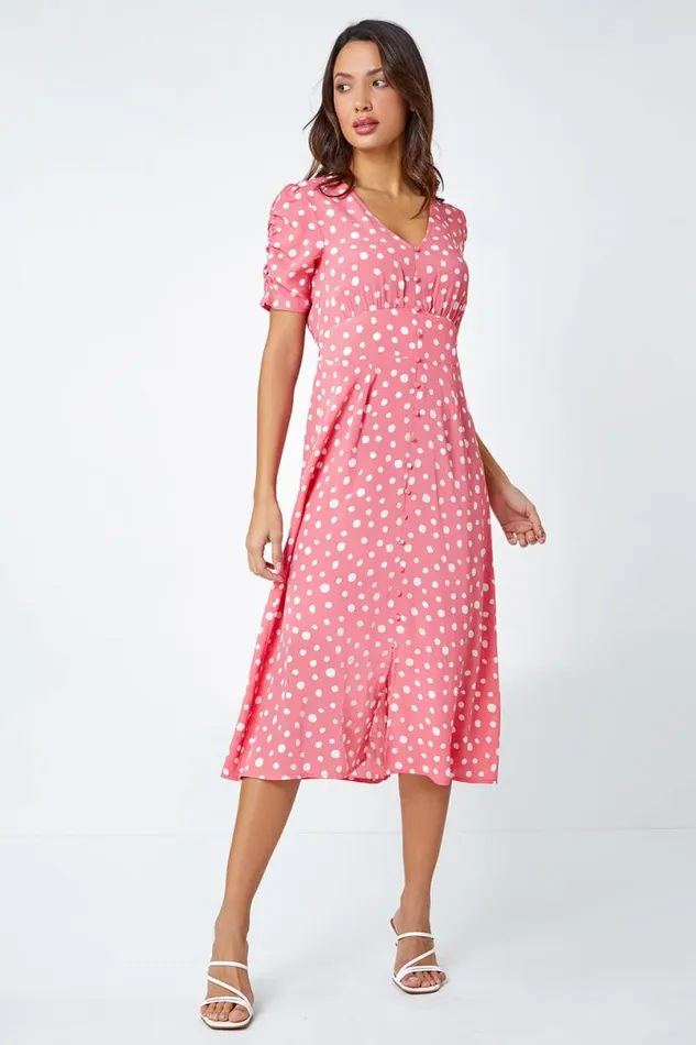 Pink Polka Dot Ruched Sleeve Midi Dress Women Roman Dresses