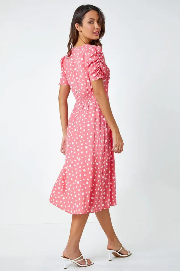 Pink Polka Dot Ruched Sleeve Midi Dress Women Roman Dresses
