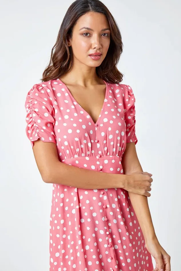 Pink Polka Dot Ruched Sleeve Midi Dress Women Roman Dresses