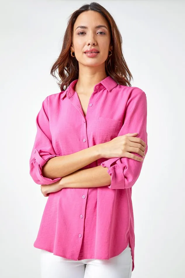 Pink Relaxed Longline Shirt Women Roman Tops