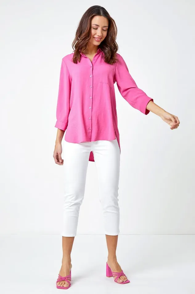 Pink Relaxed Longline Shirt Women Roman Tops