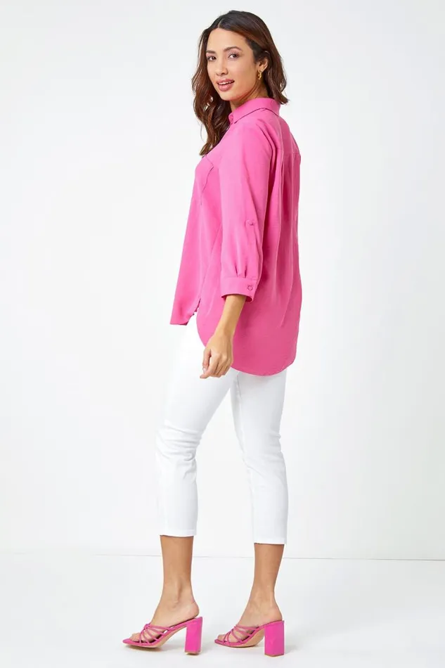 Pink Relaxed Longline Shirt Women Roman Tops