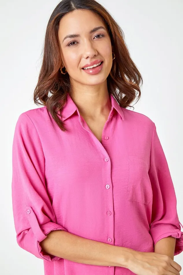 Pink Relaxed Longline Shirt Women Roman Tops