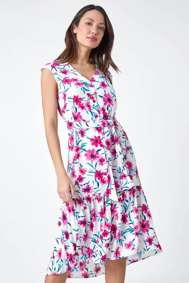 Pink Sleeveless Floral Frill Hem Midi Dress Women Roman Dresses